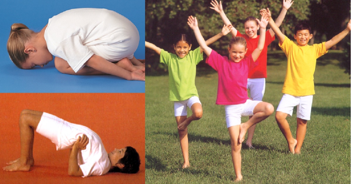 Child in child's pose, children in tree pose and child in bridge pose